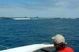 Andres takes the measure of the wave at Las Palmas, in the Galapagos Islands.